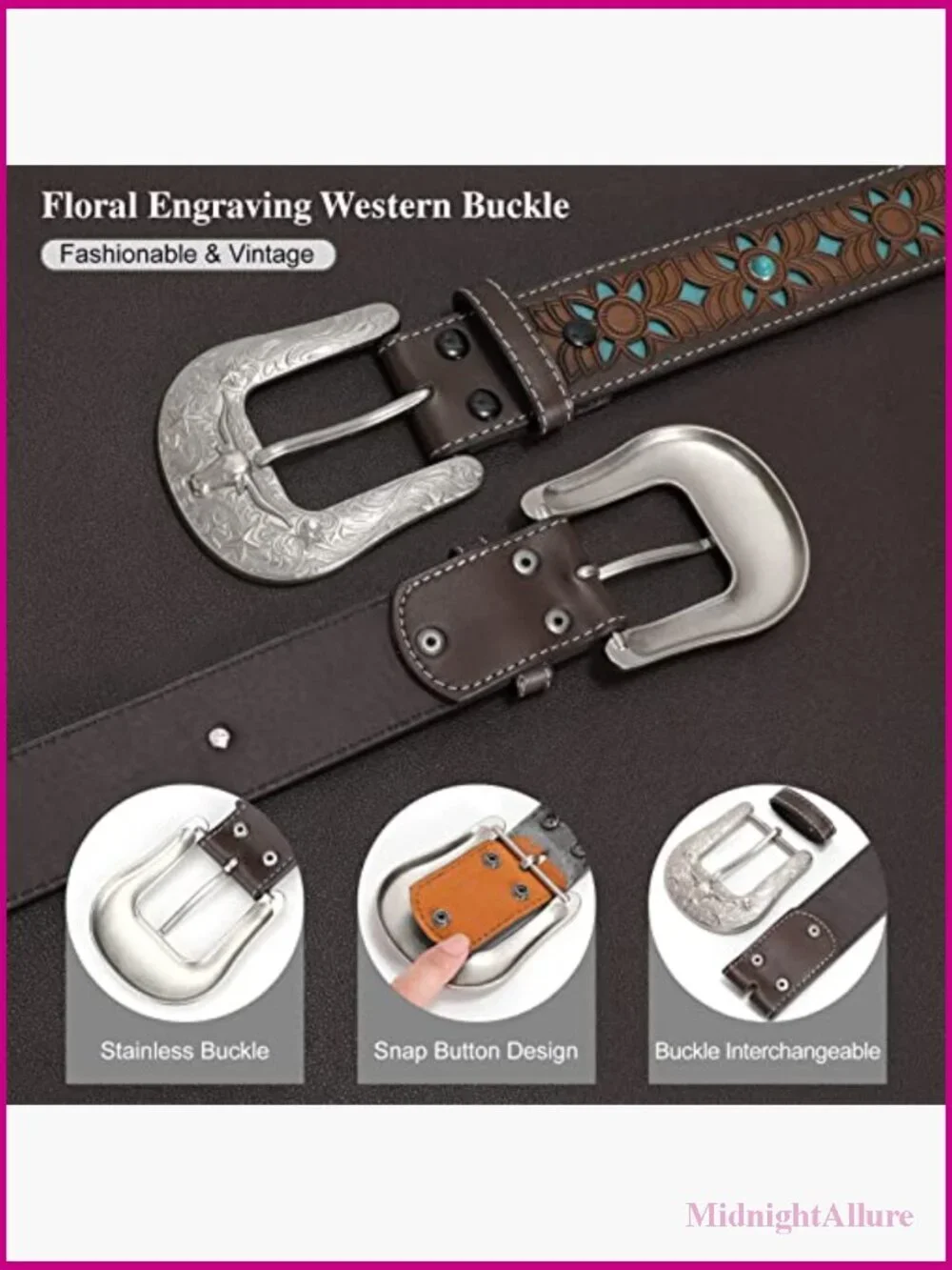 Vintage Tooled Leather Western Belt Unisex Interchangeable Buckle Cowboy Cowgirl